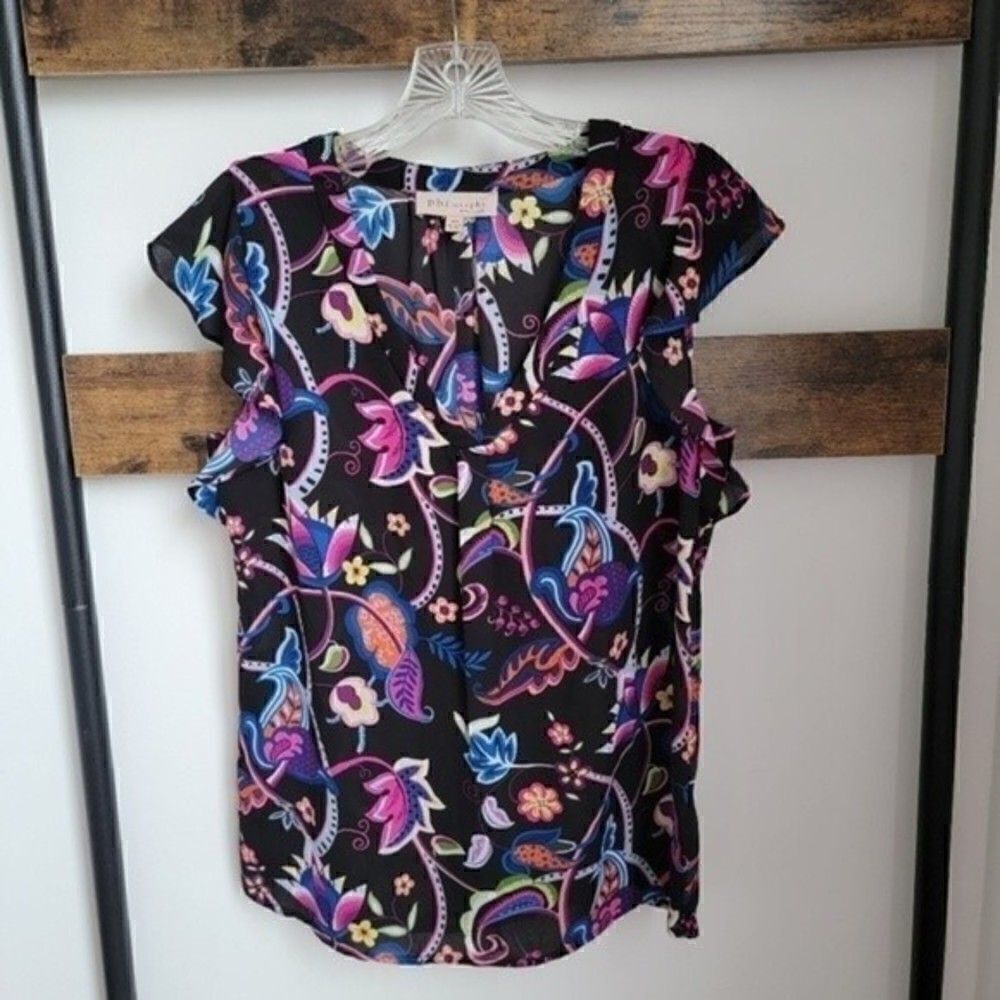 Philosophy Black Floral Print V-Neck Blouse Sz XS - Picture 9 of 10